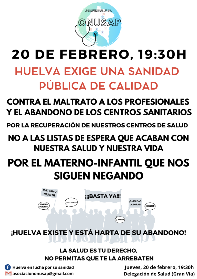ONUSAP convoca una concentración para exigir mejoras urgentes en la sanidad de Huelva