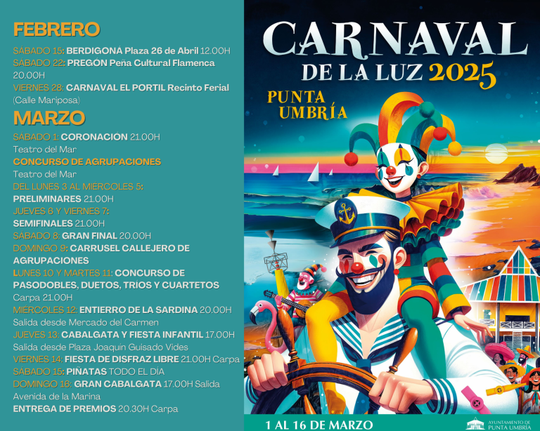 El Carnaval de la Luz de Punta Umbría 2025 se celebrará del 1 al 16 de marzo con un amplio programa de actividades