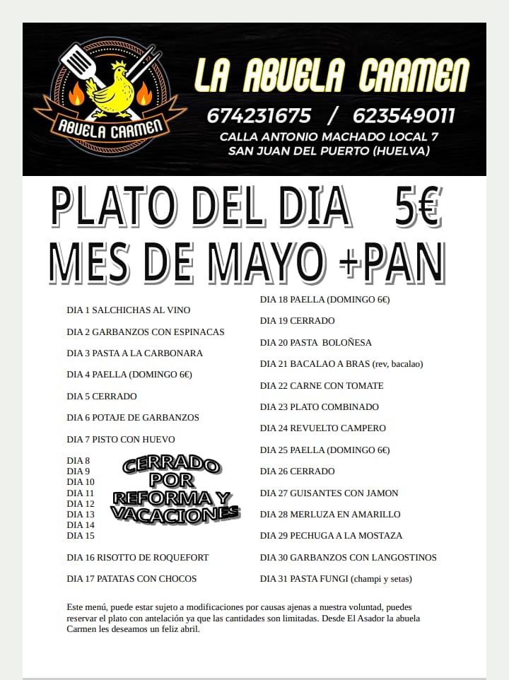 La Abuela Carmen presenta su menú del mes de mayo con platos caseros por solo 5 euros