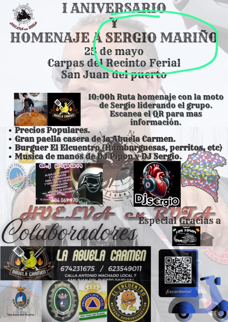 San Juan del Puerto acogerá un emotivo homenaje a Sergio Mariño con paella popular de la mano de La Abuela Carmen