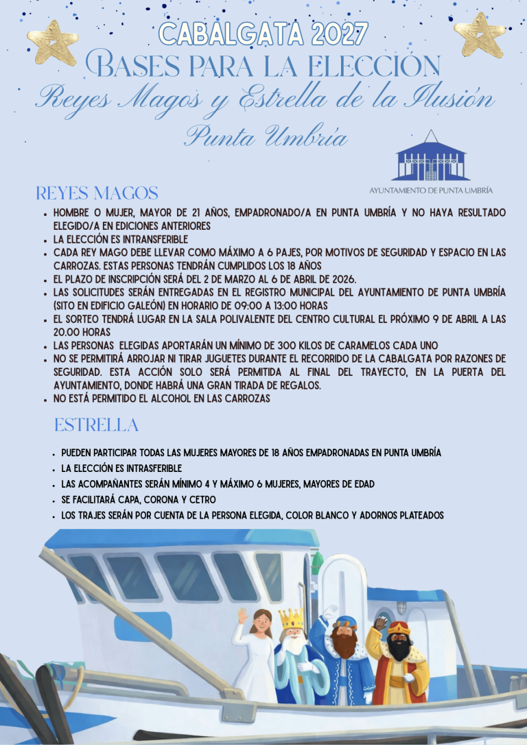 Punta Umbría abre el plazo para participar en el sorteo de los Reyes Magos y la Estrella de la Ilusión 2027